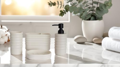 Hymmah Bathroom Accessories Set,Apartment Essentials Farmhouse Bathroom Decor,4 Pcs Resin Gift Set Apartment Necessities, Contain Toothbrush Holder,Soap Dispenser,Soap Dish,Tumbler