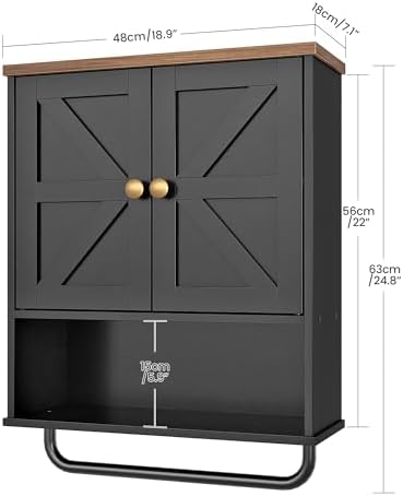 CHOEZON Bathroom Wall Cabinet, Medicine Cabinet with Open Partition and Towel Bar, Rustic Storage Cabinet with Open and Hidden Storage Space, for Bathroom, Living Room, Kitchen, Black and Walnut