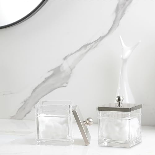 Glass Cotton Jar Holder 2 Pack– Satin Nickel Lid, Elegant Bathroom Storage Canister for Qtips, Cotton Balls, Floss, Makeup Organizer, Vanity & Bathroom Organization