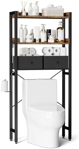 Housolution 3 Tier Over the Toilet Storage with 2 Drawers, Black+Brown