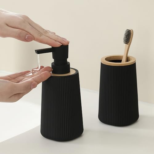 YAUKPH Bathroom Soap Dispenser and Toothbrush Holder Striped Black Bamboo