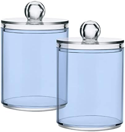SHJI Light Steel Blue Qtip Holder Organizer Dispenser Cotton Swabs Cans Plastic Jars with Lid Set 4 Pack Bathroom Storage Canister for Cotton Ball Floss Cotton Pads