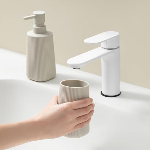 YAUKPH Bathroom Soap Dispenser and Toothbrush Holder Striped Beige