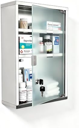 Locking Stainless Steel Medicine Cabinet, 3 Tier Wall Mounted Storage Cabinet, Durable Stainless Steel, Surface or Flush Mount, Ideal for Home, Office or First Aid, 11.8 * 4.7 * 17.7