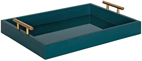 Kate and Laurel Lipton Mid Century Modern Decorative Wood Tray with Brushed Gold Metal Handles, Dark Teal