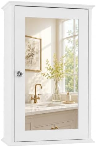 VINGLI Bathroom Wall Cabinet Wall Mount Mirrored Medicine Cabinet with Mirror Storage Organizer with Single Mirror Door and 2 Adjustable Shelves White