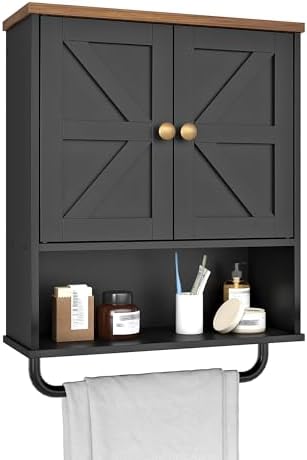 CHOEZON Bathroom Wall Cabinet, Medicine Cabinet with Open Partition and Towel Bar, Rustic Storage Cabinet with Open and Hidden Storage Space, for Bathroom, Living Room, Kitchen, Black and Walnut