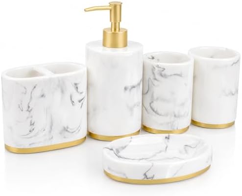 5 Piece Bathroom Accessories Set, Marble Resin Bathroom Set with Soap Dispenser, Toothbrush Holder, Soap Dish and Tumblers, Modern Bathroom Countertop Decor with Gold Accents (White)