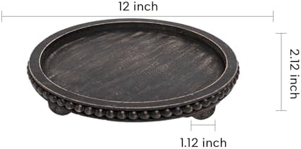 HPC Decor 12in Round Tray for Home Decor- Black Wood Beaded, Decorative Round Tray for Living Room Decor, Coffee Table Decor, Kitchen Table Decor or Farmhouse Serving Tray
