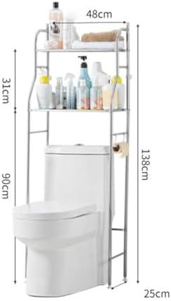 2-Tier Over The Toilet Storage, Over Toilet Bathroom Organizer, Freestanding Metal Bathroom Shelves, Over The Toilet Organizer with Hooks and Paper Holder, Space-Saving, Stainless Steel