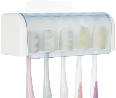 5 Slots Wall Mount Toothbrush Holder with Cover, Self Adhesive Toothbrush Storage Organizer for Shower, Toothbrush Hanger for Bathroom, Medicine Cabinet, Dorm(White + Blue)