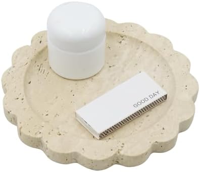 Round Marble Decorative Tray with Scalloped Edge, Luxury Natural Stone Bathroom Vanity Tray, Dresser Top Perfume Coffee Home Kitchen Sink Tray, Key Trinket Ring