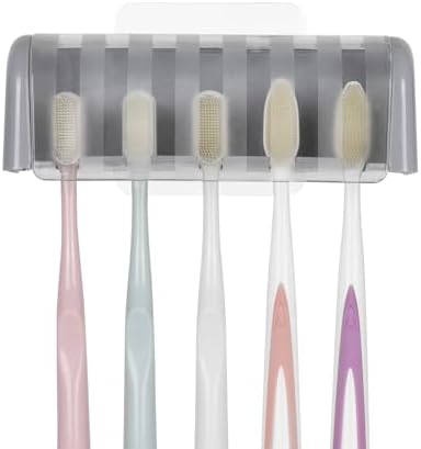 LUEXBOX 5 Slots Wall Mount Toothbrush Holder with Cover, Self Adhesive Toothbrush Storage Organizer for Shower, Toothbrush Hanger for Bathroom, Medicine Cabinet, Dorm (Grey)