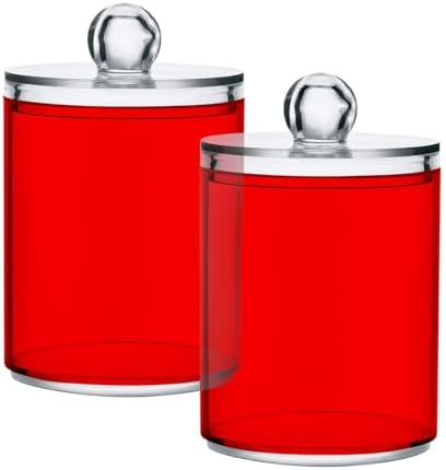 SHJI Red Qtip Holder Organizer Dispenser Cotton Swabs Cans Plastic Jars with Lid Set 2 Pack Bathroom Storage Canister for Cotton Ball Floss Cotton Pads