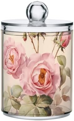 MNSRUU 4 Pack Qtip Holder Organizer Dispenser Floral Rose Pink Bathroom Storage Canister Cotton Ball Holder Bathroom Containers for Cotton Swabs/Pads/Floss