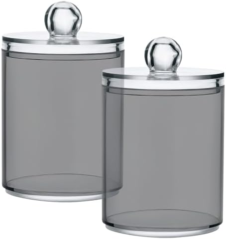 Gredecor 4 Pack Grey Qtip Holder Organizer Dispenser Clear Bathroom Storage Canister Cotton Ball Holder Bathroom Containers for Cotton Swabs/Pads/Floss