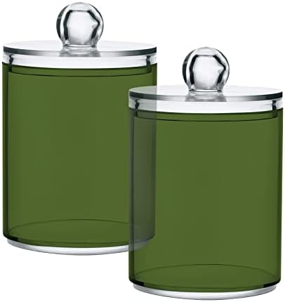 SHJI Dark Olive Green Qtip Holder Organizer Dispenser Cotton Swabs Cans Plastic Jars with Lid Set 4 Pack Bathroom Storage Canister for Cotton Ball Floss Cotton Pads