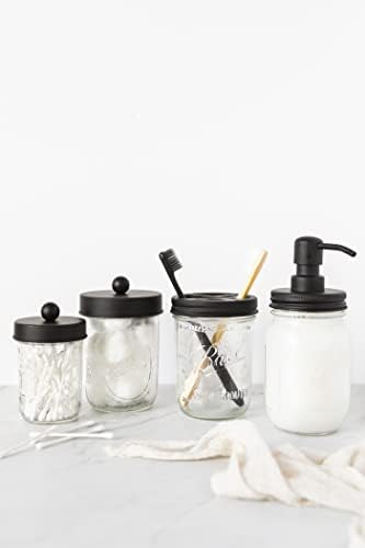 Jarmazing Products Ball Mason Jar Bathroom Gift Set (4 pcs) - Lotion/Soap Dispenser, Toothbrush Holder, Q-Tip Storage Jars - Farmhouse Home Decor for Vanity Organization - Luxury Accessories - Black