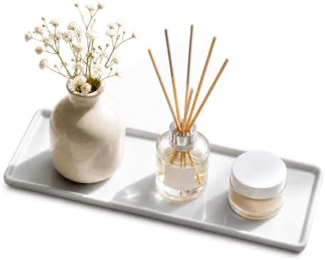 10″ x 3.5″ Ceramic Bathroom Vanity Tray, Rectangular Decorative Countertop Tray for Bathroom Kitchen, Ceramic Organizer Tray for Perfume, Candle, Jewelry, Cosmetics, Soap Dispenser, Dresser Top, White