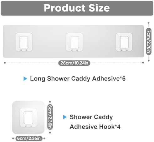 10 Pack Shower Caddy Adhesive Replacement, Waterproof Shower Shelf Adhesive Strips, Strong Adhesive Flat Hooks for Bathroom Storage Shelves and Kitchen Racks No Drilling, Clear