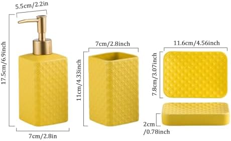 Bathroom Accessories Set Ceramic Soap Dispenser Toothbrush Holder Bathroom Tumbler Soap Dish Bathroom Decor Vibrant Modern Bathroom Set (Yellow 4-Piece Suit)