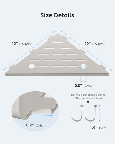 DAYONE 10" Corner Shower Shelf Brushed Nickel, 304 Stainless Steel Slot Design Recessed Corner Shelves with 2 Hooks and 4 Holes, for Bathroom Shower Kitchen 2 Pack