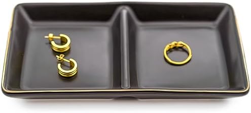 HANKOR Ceramic Jewelry Dish Tray, 2 Compartment Ring Dish, Decorative Trinket Tray for Rings, Earrings, Keys, Birthday Christmas Gifts, Black