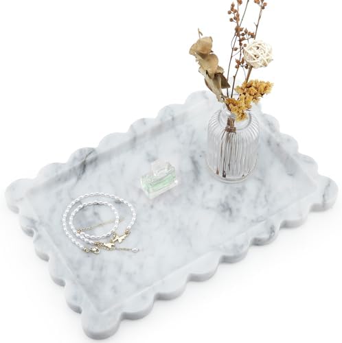 Scalloped Natural Marble Tray - Decorative Stone Tray for Bathroom & Vanity