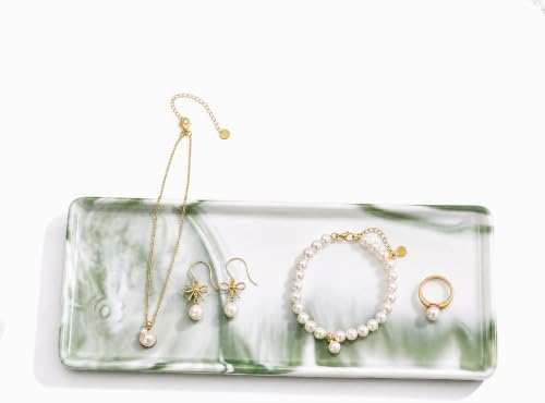 8″ x 3.7″ Inch Ceramic Vanity Tray, Decorative Rectangular Organizer for Bathroom Countertop, Dresser Top, Kitchen & Bathtub, for Soap, Perfume, Candle, Jewelry & Cosmetics (Marble-Green)