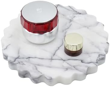 Round Marble Decorative Tray with Scalloped Edge, Luxury Natural Stone Bathroom Vanity Tray, Dresser Top Perfume Coffee Home Kitchen Sink Tray, Key Trinket Ring