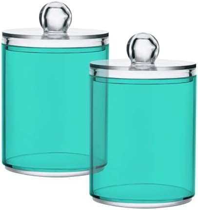 SHJI Turquoise Qtip Holder Organizer Dispenser Cotton Swabs Cans Plastic Jars with Lid Set 4 Pack Bathroom Storage Canister for Cotton Ball Floss Cotton Pads