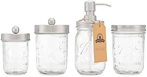 Jarmazing Products Ball Mason Jar Bathroom Gift Set (4 pcs) - Lotion/Soap Dispenser, Toothbrush Holder, Q-Tip Storage Jars - Farmhouse Home Decor for Vanity Organization - Stainless Steel