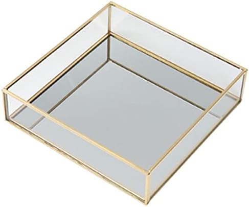 Square Vintage Gold Mirror Glass Vanity Tray,Ornate Geometric and Brass Plated Display Storage Organizer for Makeup Brushes/Lipstick/Skincare/Perfumes/Beauty Room/Bathroom Accessories