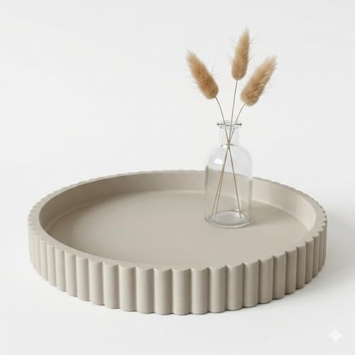 Round Solid Concrete Tray, Fluted Centerpiece for Coffee Table Decor 11"