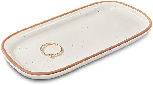 Mora Ceramic Decorative Tray - Rectangle 6.4in Dish for Jewelry, Perfume, Makeup, Accessories, Candle, in the Bathroom Vanity, Bedside, or Kitchen Counter. Cute Organizers - White