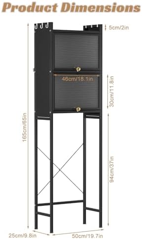 Over the Toilet Storage Cabinet, Above Toilet Storage Rack with Doors, 3-Tier Large Capacity Bathroom Organizer Shelf, Metal Waterproof Bathroom Rack for Home, Restroom, Laundry Black