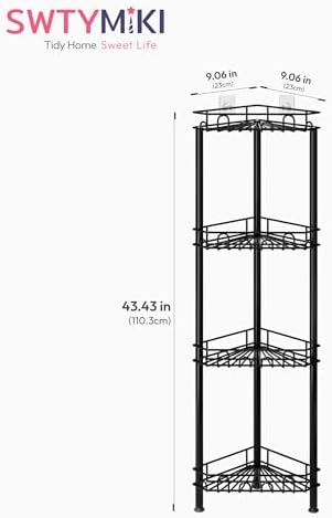 SWTYMIKI Standing Shower Caddy Corner - 4‑Tier Stainless Steel Shower Organizer Shelf with 16 Hooks and Adhesive Pads, Rustproof Corner Shelves Stand Rack for Bathroom Shower Room, Black
