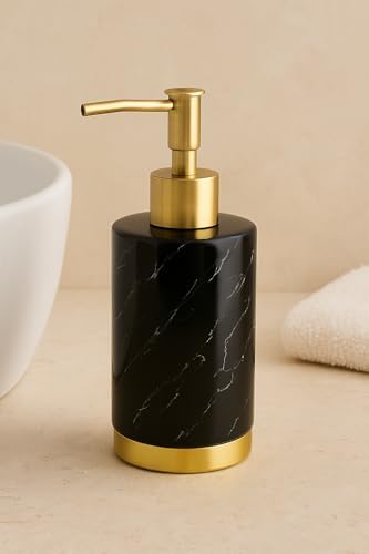 WPM 4 Piece Ceramic Bathroom Accessories Set - Marble Look Black Gold - Our Complete Bath Decor Kit Includes Designer Soap or Lotion Dispenser - Toothbrush Holder - Tumbler - Soap Dish