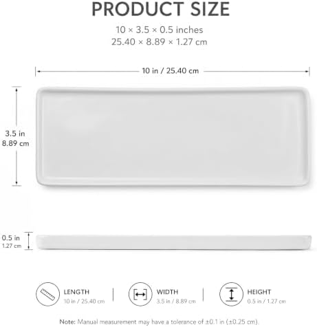 10″ x 3.5″ Ceramic Bathroom Vanity Tray, Rectangular Decorative Countertop Tray for Bathroom Kitchen, Ceramic Organizer Tray for Perfume, Candle, Jewelry, Cosmetics, Soap Dispenser, Dresser Top, White