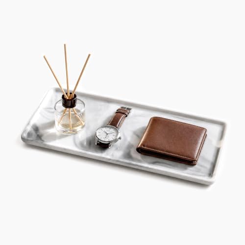 8″ x 3.7″ Ceramic Vanity Tray, Decorative Rectangular Organizer for Bathroom Countertop, Dresser Top, Kitchen & Bathtub, for Soap, Perfume, Candle, Jewelry & Cosmetics (Marble-Grey)