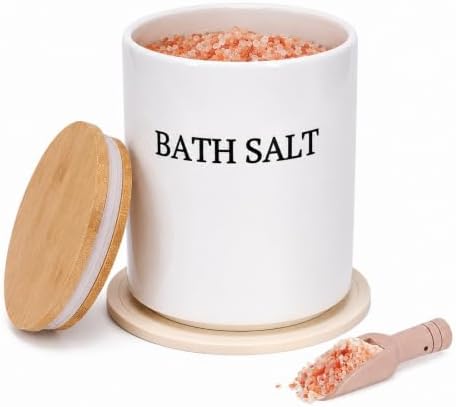 29oz Airtight Ceramic Bath Salt Jar Set - with Wooden Lid, Scoop & Anti-Slip Mat, Opaque Bathroom Storage Organization for Epsom Salt, Spa & Bath Bombs, White-S