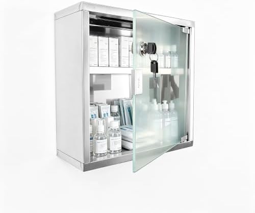 Locking Stainless Steel Medicine Cabinet, 2 Tier Wall Mounted Storage Cabinet, Durable Stainless Steel, Surface or Flush Mount, Ideal for Home, Office or First Aid, 11.8 in. x 4.7 in. x 11.8 in