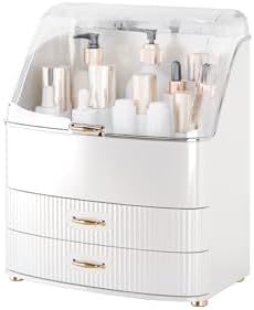 Makeup Organizer Countertop Vanity with Transparent Lid Drawers Waterproof Dustproof Cosmetic Skincare Bathroom Storage Gift for Women Teens Girls (White)