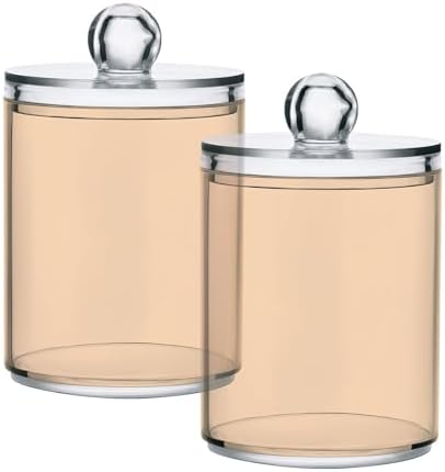 SHJI Peach Puff Qtip Holder Organizer Dispenser Cotton Swabs Cans Plastic Jars with Lid Set 2 Pack Bathroom Storage Canister for Cotton Ball Floss Cotton Pads