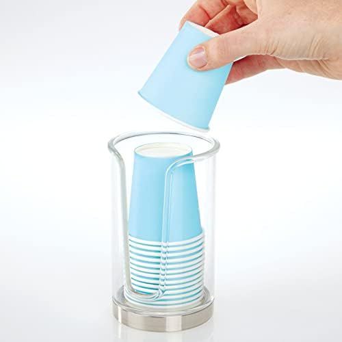 mDesign Plastic Small Compact Disposable Paper Cup Dispenser, Mouthwash Rinsing Cups Storage Holder for Bathroom Vanity Countertops, Makeup Table, Powder Room, Lumiere Collection, Clear/Brushed Chrome