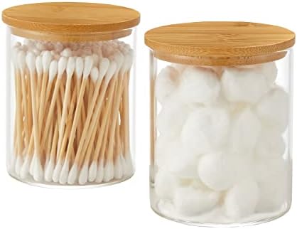 INIUNIK Glass Qtip Holder Dispenser with Bamboo Lid, 2 Pack
