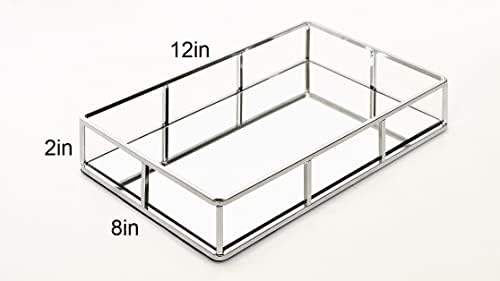 JollyCaper Silver Mirror Vanity Tray, Rectangle 12x8x2 Inches - Jewelry, Perfume, Makeup Organizer - Decorative Metal Tray for Dresser, Bathroom, Living Room, Bar Cart