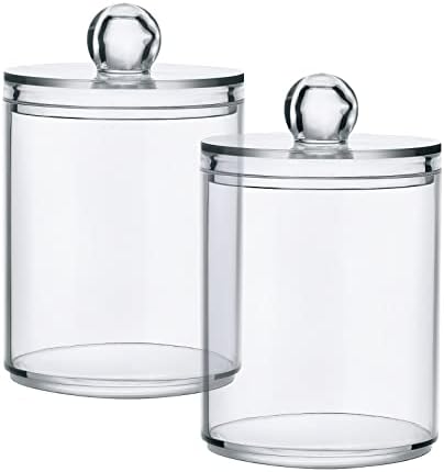 DOMIKING Transparent 2 Pack Cotton Swab Holder Dispenser Plastic Jar Bathroom Storage Canister Acrylic Containers for Floss Makeup Sponges Cotton Ball