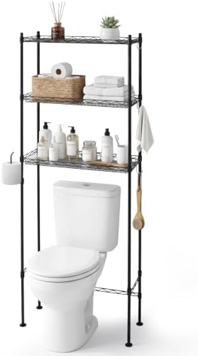 Over The Toilet Storage Shelf, 3-Tier Adjustable Bathroom Organizer with Toilet Paper Holder & Hooks, Metal Space Saver Rack Above Toilet for Bathroom, Kitchen, Black (3-Tier Black)