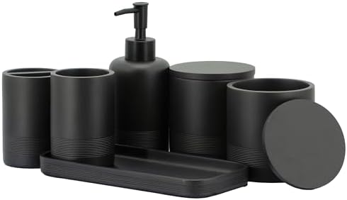 ZCCZ Black Matte Bathroom Accessories Set 6 Pieces - Toothbrush Holder, Lotion Dispenser, Qtip Container, Vanity Tray, Tumbler - Countertop Organizer for Bathrooms - Elegant and Functional Décor Set